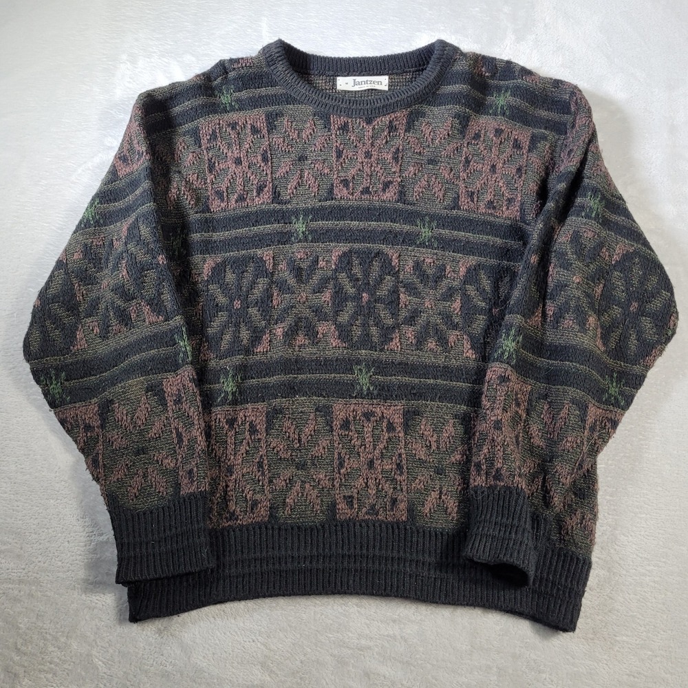 Jantzen Sweater Mens M Black Brown Multi Geometric Snowflake Knit Vintage USA